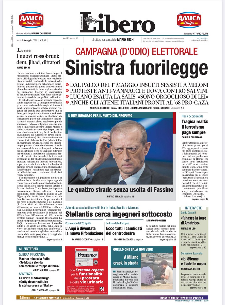 ✅la #primapagina di #Libero oggi in #edicola
✅#modarossa, insultare la #Meloni. #Schlein e #Conte muti