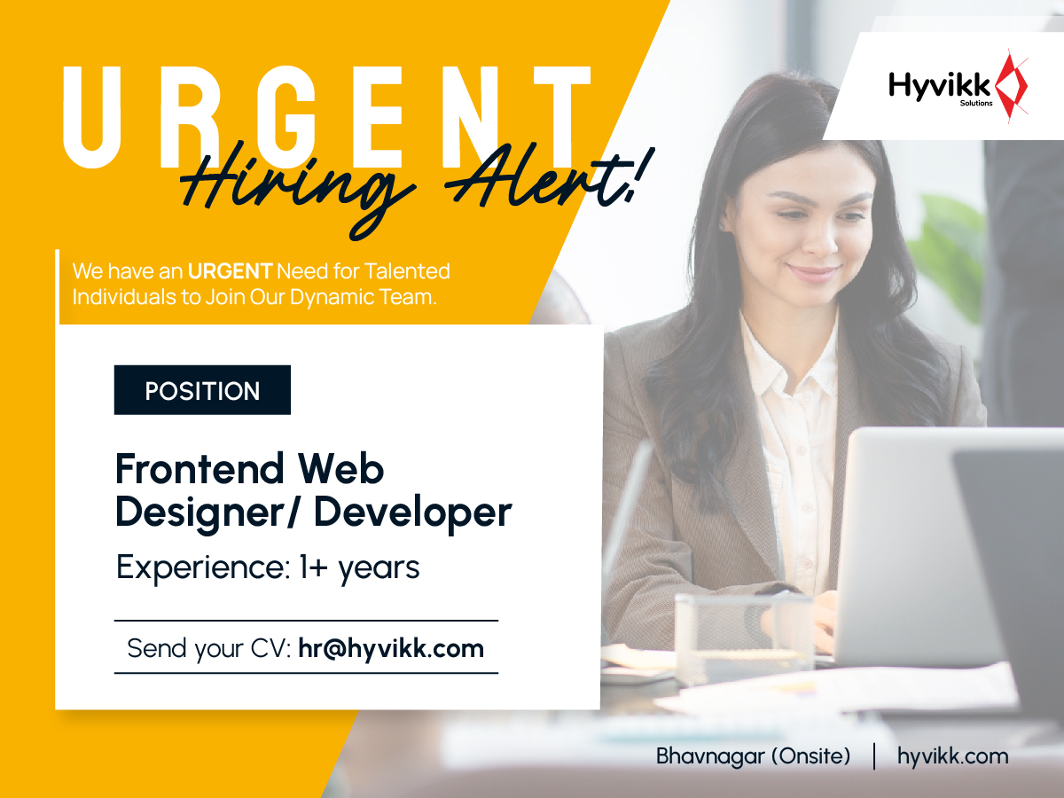 🌟 Urgent Hiring Alert: Web Designer Position 🌟

Position: Web designer
Experience: 1+ years
Location: Bhavnagar (Onsite)

 Apply now by sending your resume to hr@hyvikk.com

#hiring #job #jobopportunity #jobs #Apply #ApplyNow #UrgentHiring #Bhavnagar #Hyvikk #website #android