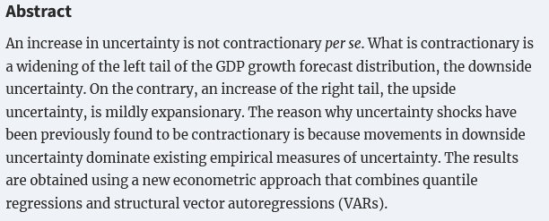 Forthcoming article by Mario Forni, Luca Gambetti and Luca Sala 'Downside and Upside Uncertainty Shocks' @EEANews @OUPEconomics doi.org/10.1093/jeea/j…