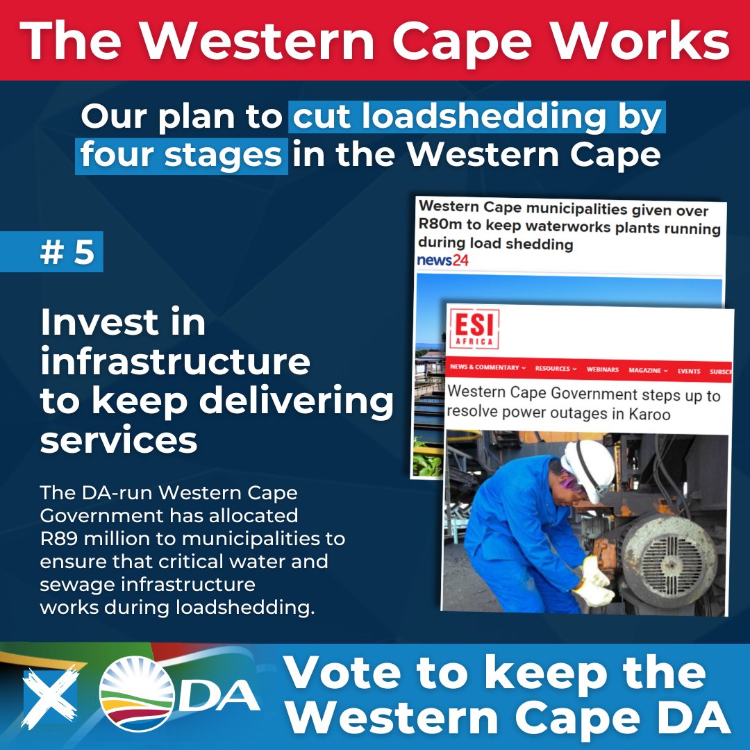 ⚡| Part of our plan to fight loadshedding is to invest in infrastructure to keep delivering basic services.

Read more here: wc.da.org.za/campaigns/the-…

🗳 The Western Cape works. Vote to keep the Western Cape DA!

#WesternCapeWorks #VoteDA