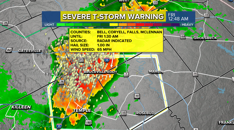 A Severe T-Storm WARNING is in effect for southern McLennan, eastern Bell and western Falls counties until 1:30am.  Quarter size hail and winds to 65mph are possible. #ctxwx