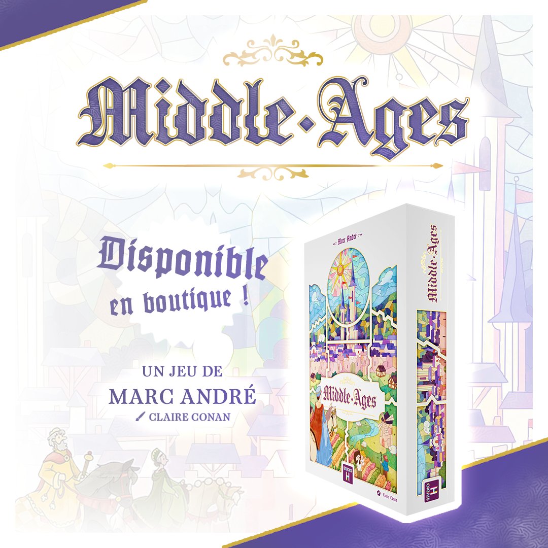 Festivités dans la Cité ! Middle Ages est disponible ! ⚜️ Aujourd'hui paraît notre jeu Middle Ages, œuvre de Marc André ornementée des enluminures de Claire Conan. 👩‍🎨 Pour y jouer à loisir en bonne société, gagnez votre échoppe ludique et devenez-en l'heureux possesseur ! 🤗