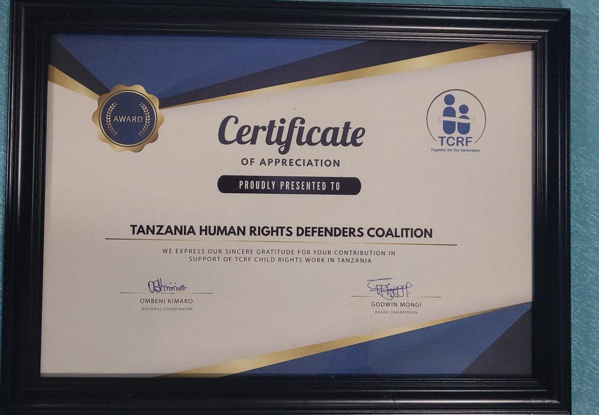 THRDC is honored to receive this certificate of appreciation from Tanzania Child Rights Forum (TCRF) for our collaborative efforts in promoting children's rights! This recognition motivates us to continue our commitment towards improving children's rights. Together with TCRF and…