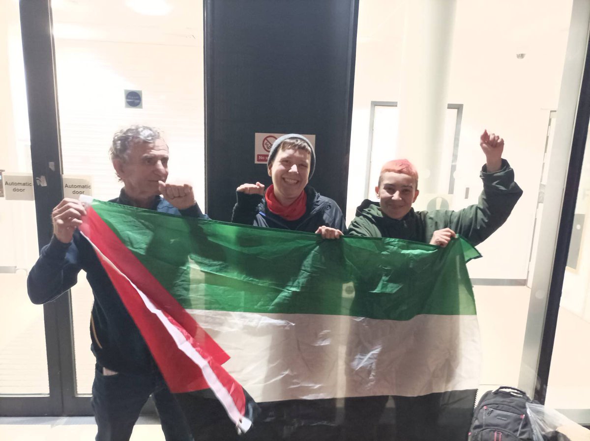 Three actionists released from police custody last night after they shut down Elbit’s Bristol HQ! Somerset Council who own the site need to step up and #EvictElbit immediately.