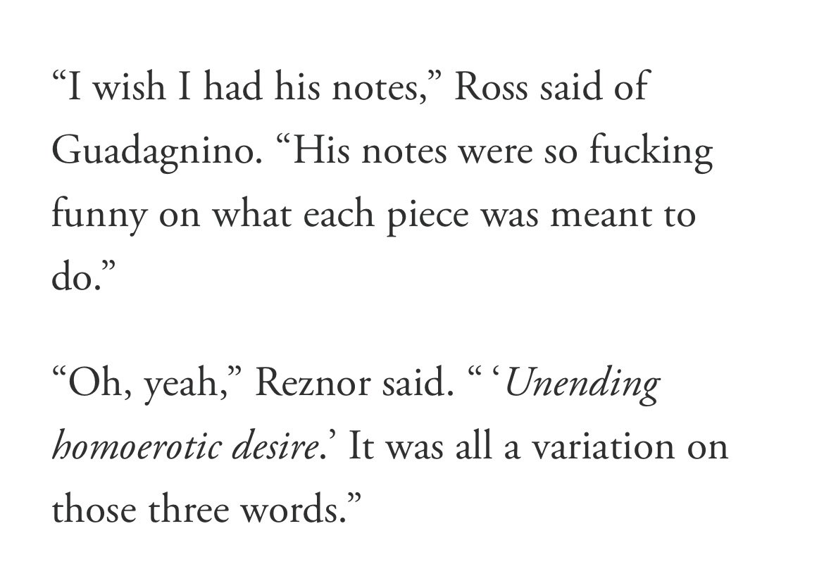 this little anecdote is even more enjoyable when you find out that luca guadagnino’s pitch to trent reznor and atticus ross for CHALLENGERS was an one sentence email that said “my next film is going to be super sexy”