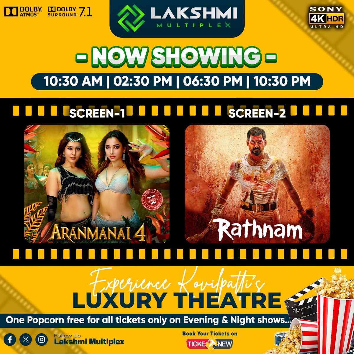 Now showing 🤩✨ @lakshmimulti Screen - 1 Aranmanai 4,🤩✨ Screen - 2 Rathnam 😍💥✨ #lakshmicinemas #kovilpatti #Aranmanai4 #Rathnam