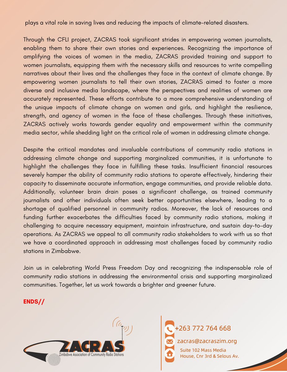 ZACRAS Statement on World Press Freedom Day 2024. A Press for the Planet: Journalism in the face of the Environmental Crisis.

<a href="/citezw/">CITE</a> <a href="/CorahOnline/">CORAH FM</a> <a href="/amnesty_zim/">Amnesty International Zimbabwe</a> <a href="/hivosrosa/">Hivos Southern Africa</a> <a href="/InfoMinZW/">Ministry of Information, Publicity & Broadcasting</a> <a href="/jsnetzim/">Journalism Students Network Of Zimbabwe 🇿🇼</a> <a href="/NhimbeFM/">Nhimbe FM (100.9)</a> <a href="/ZELA_Infor/">Zimbabwe Environmental Law Organisation (ZELO)</a> <a href="/nangozimbabwe/">NANGO Zimbabwe</a> <a href="/Zim_Media_Com/">Zimbabwe Media Commission</a>