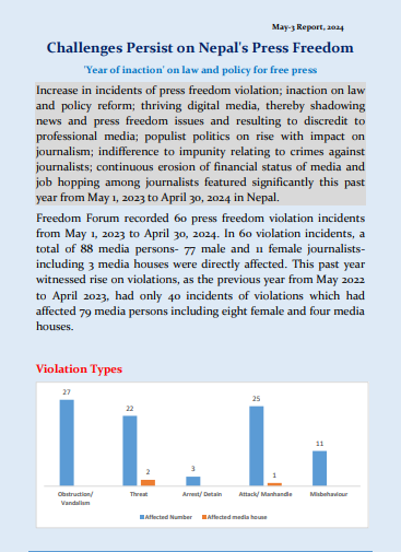 Freedom Forum marks 31st #WorldPressFreedomDay2024 launching annual report highlighting 👉increase in incidents of #pressfreedom violation 👉inaction on law & policy reform & many more. Full report: shorturl.at/bxIM0 @IFEX @NepalNHRC @suchanaayog @Hello_MoCIT @tndahal7