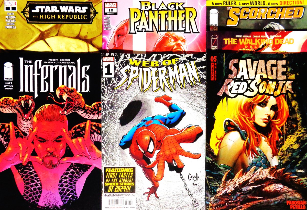 The third batch of comics released the week of March 20th that I brought home from the comic book store: The Infernals, Savage Red Sonja, The Scorched, Black Panther, The Walking Dead Deluxe, Web of Spider-Man, and Star Wars: The High Republic.