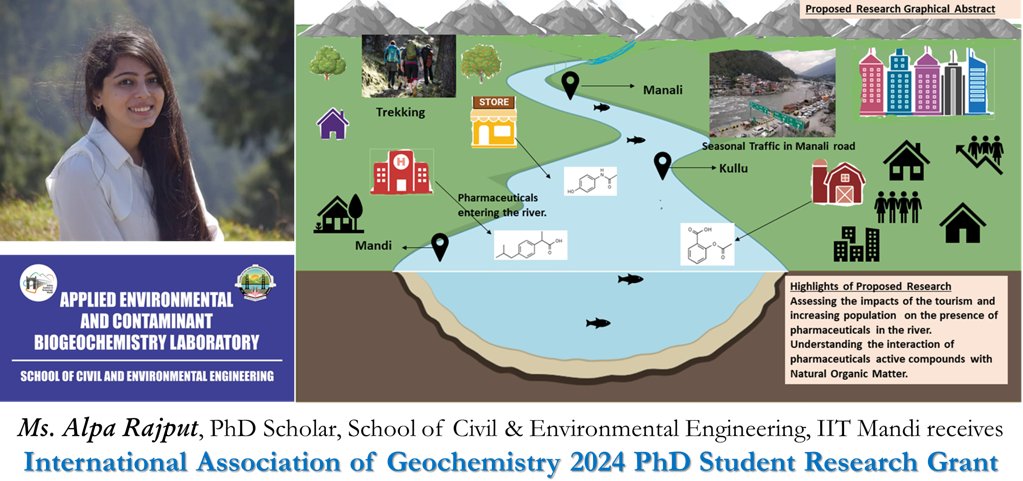 IIT Mandi (@iit__mandi) on Twitter photo Ms. Alpa Rajput, PhD Scholar <a href="/SCEnE_IIT_Mandi/">SCEnE, IIT Mandi</a>
with <a href="/harshadenv/">Harshad Kulkarni</a> has received the International Association of Geochemistry 2024 PhD Student Research Grant.
She will investigate the occurrence, transport & fate of pharmaceutically active compounds in the mid-Himalayan ecosystem. Ms. Alpa Rajput, PhD Scholar <a href="/SCEnE_IIT_Mandi/">SCEnE, IIT Mandi</a>
with <a href="/harshadenv/">Harshad Kulkarni</a> has received the International Association of Geochemistry 2024 PhD Student Research Grant.
She will investigate the occurrence, transport & fate of pharmaceutically active compounds in the mid-Himalayan ecosystem.