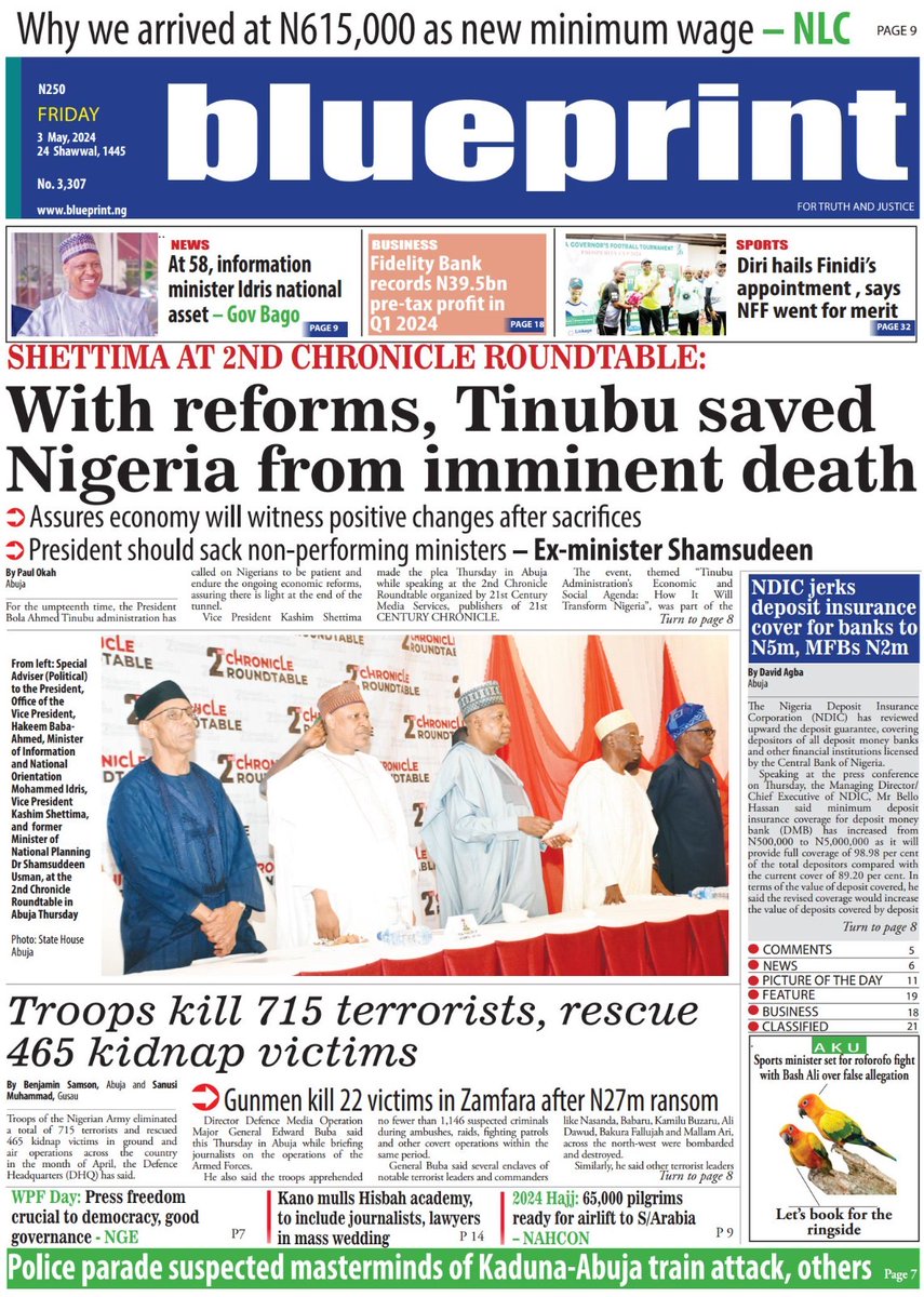 TODAY’S NEWSPAPER FRONT PAGE 

#NDIC #BreakingNews‌ #Hajj2024 #MinimumWage #NLC #Nigeria #Nigerians #kadunaAbujatrainattack