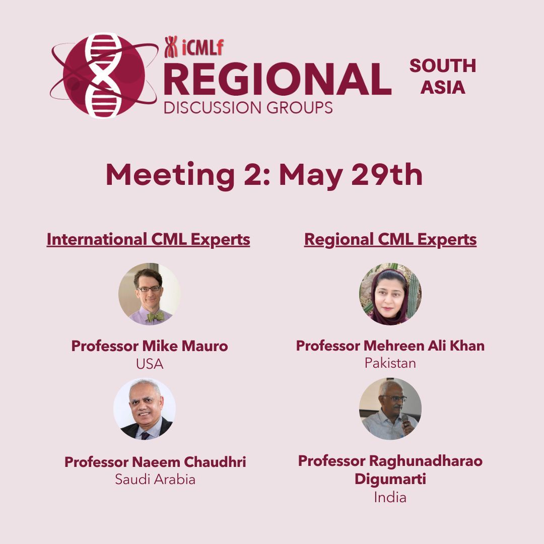 The second of our South Asia Regional Discussion Groups will take place on Wednesday 29th May. We hope you can join us for what will undoubtably be another fascinating discussion, packed with insights. Sign up here: buff.ly/3y13NqJ #CML #iCMLf #ChronicMyeloidLeukemia