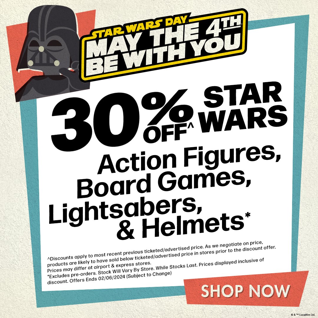 📢 Reminder to Star Wars fans! Don't miss the 30% OFF^ Star Wars Action Figures, Board Games, Lightsabers & Helmets* offer this Star Wars Day, May the 4th! 🛍️ Check out the range! 👉 brnw.ch/21wJq30