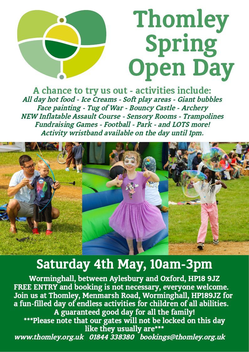 *** TOMORROW - SPRING OPEN DAY - FREE ENTRY *** 

* Where? Thomley, Worminghall, HP189JZ
* When? Saturday 4th May, 10am-3pm
* Who? For anyone! Any ability, any age! 

We hope to see lots of you tomorrow!