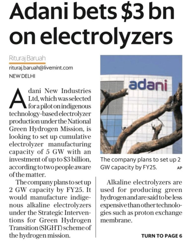 Vismaya9999's tweet image. Big Bro Big Bet on Electrolysers 👍

Adani New Industries Ltd (ANIL) into Green Hydrogen space, which is subsidiary of Adani Enterprises 👍

#Adani