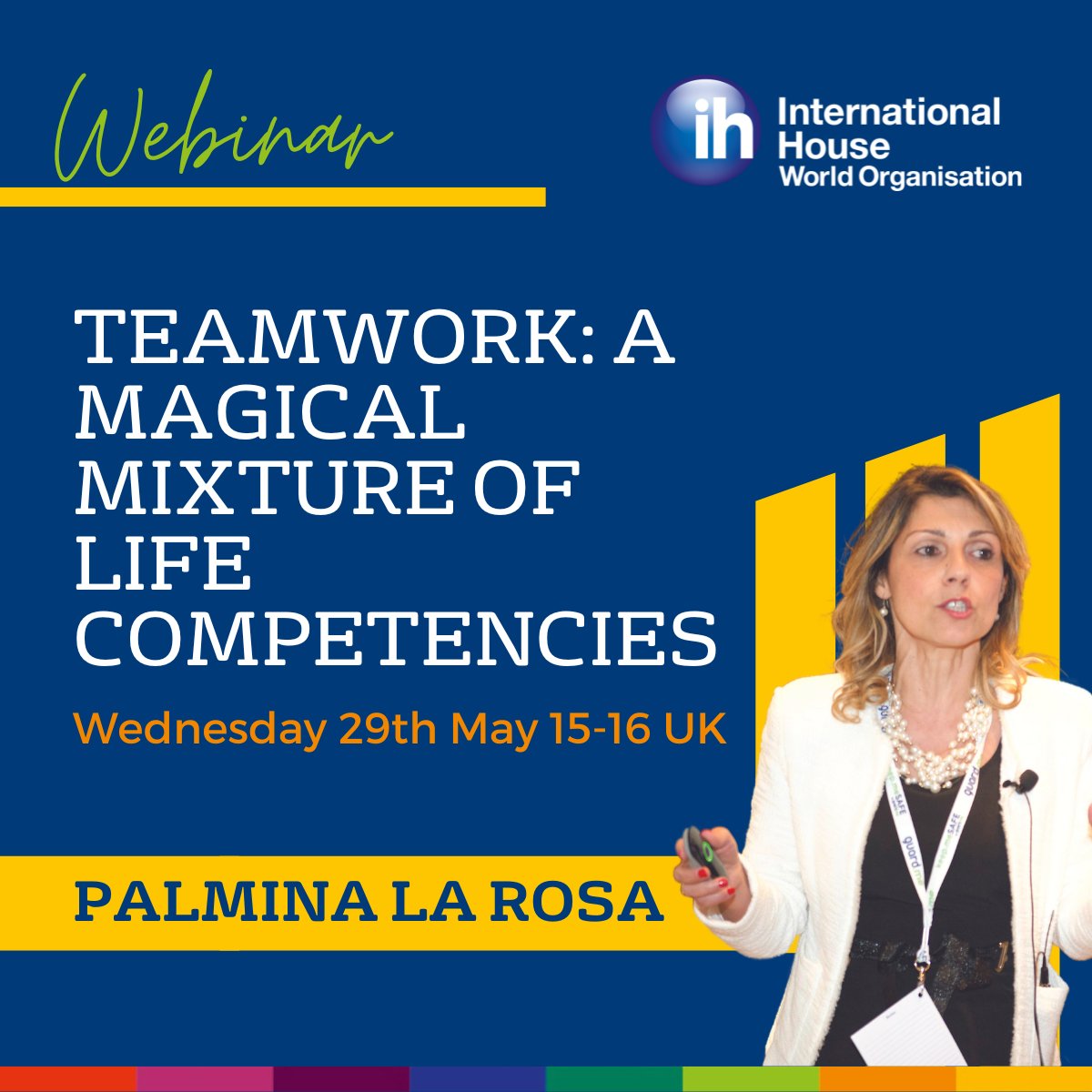 Want to learn more about teamwork in language learning? 👥

Palmina La Rosa, Director of Giga IH Catania, is presenting a webinar 💻on the topic on 29th May at 15:00 UK time.

Interested? Register now 👇 ihworld.com/events/events/…

#LanguageTeaching #InternationalHouse #ihworld