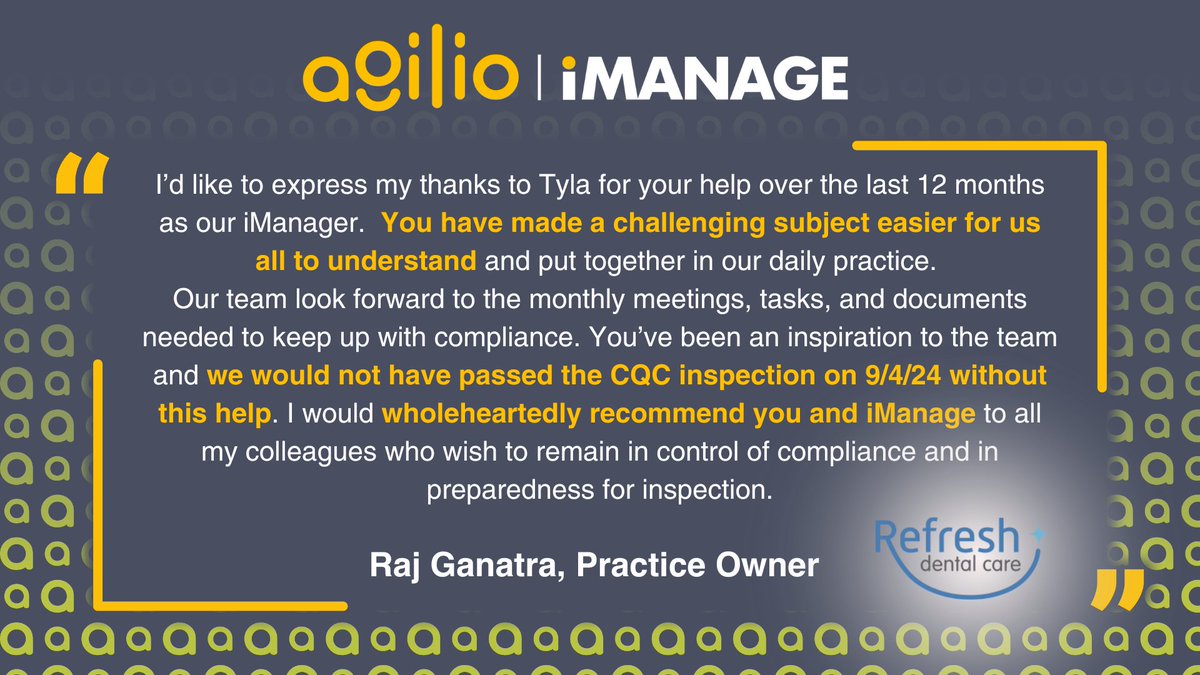 🌟Wonderful feedback from one of our brilliant iManagers, Tyla. 🌟

If you don't have the time, knowledge, or desire to perform compliance tasks, iManage will do it for you.
🖱️Book a chat here: ow.ly/Msb750RuFjc

#AgilioDental #iManage #dentalcompliance #CQC #HIW #dentalUK