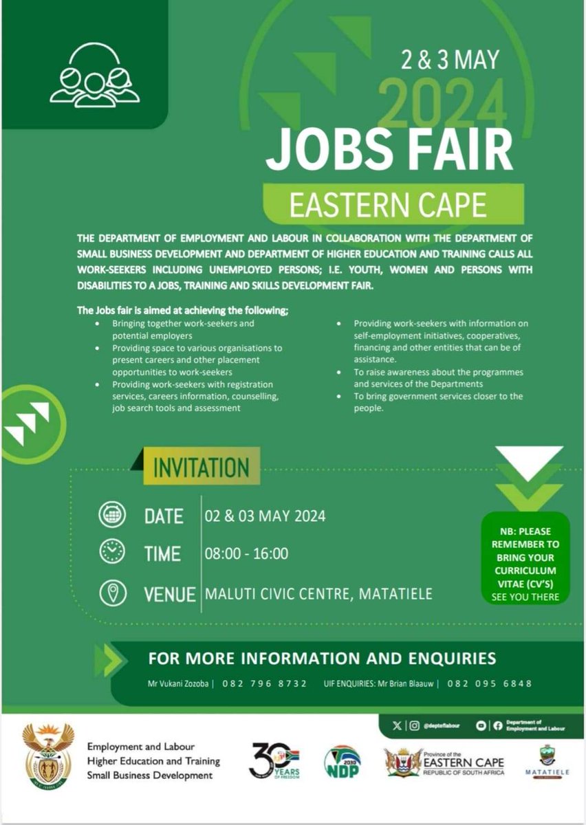 Good morning, The Department of Employment and Labour in partnership with Department of Small Business Development and Department of Higher Education and Training are hosting a Jobs Fair on the 3rd of May at Maluti Civic Centre, Matatiele Local Municipality.