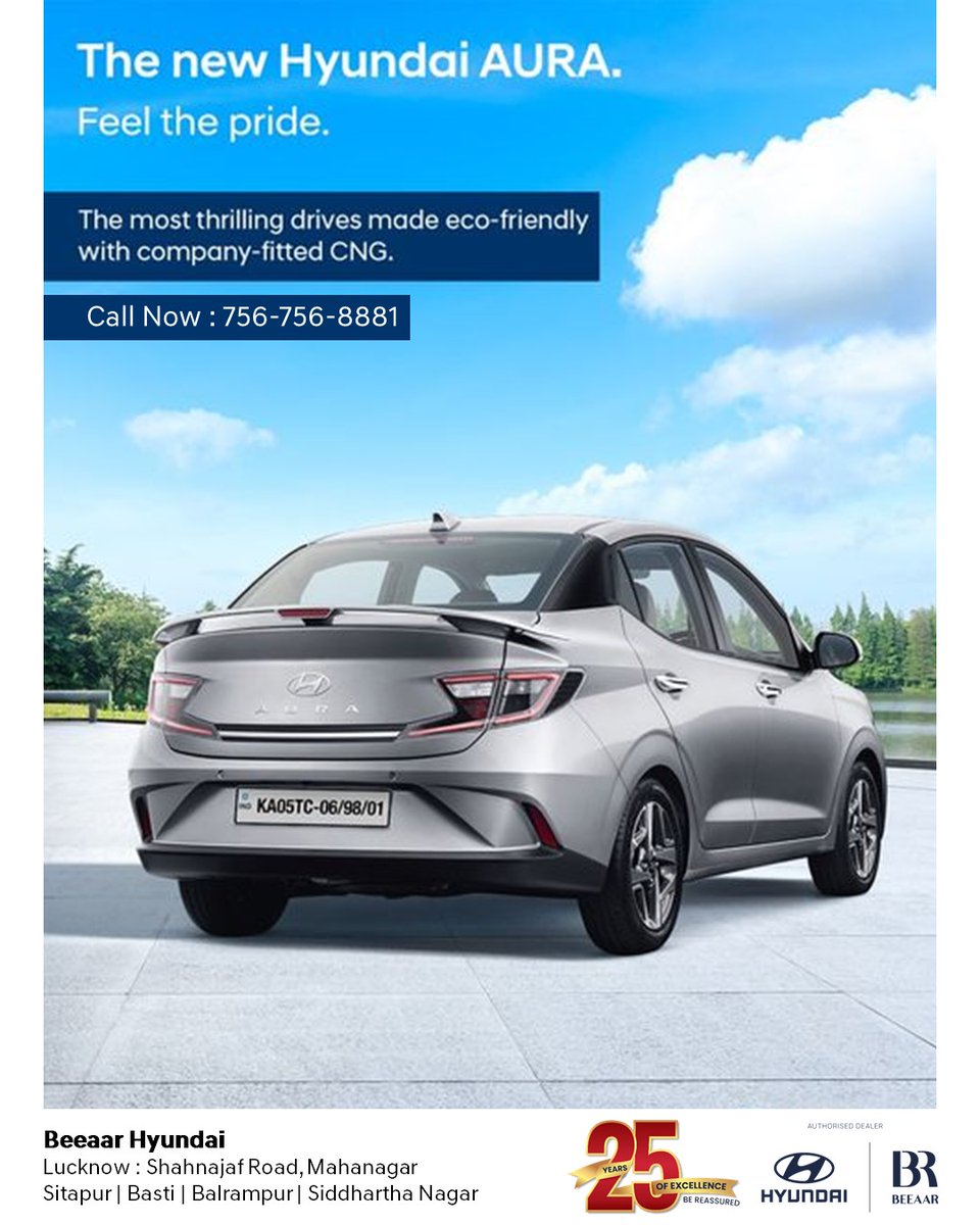 With advanced technology running through its veins, the Hyundai AURA CNG features RDE compliant powerful drivetrains engineered to make even the most exhilarating drives more eco-friendly. Call now 756-756-8881.

#Hyundai #AURA #25YearsOfExcellence #BeeaarHyundai #BeeaarGroup