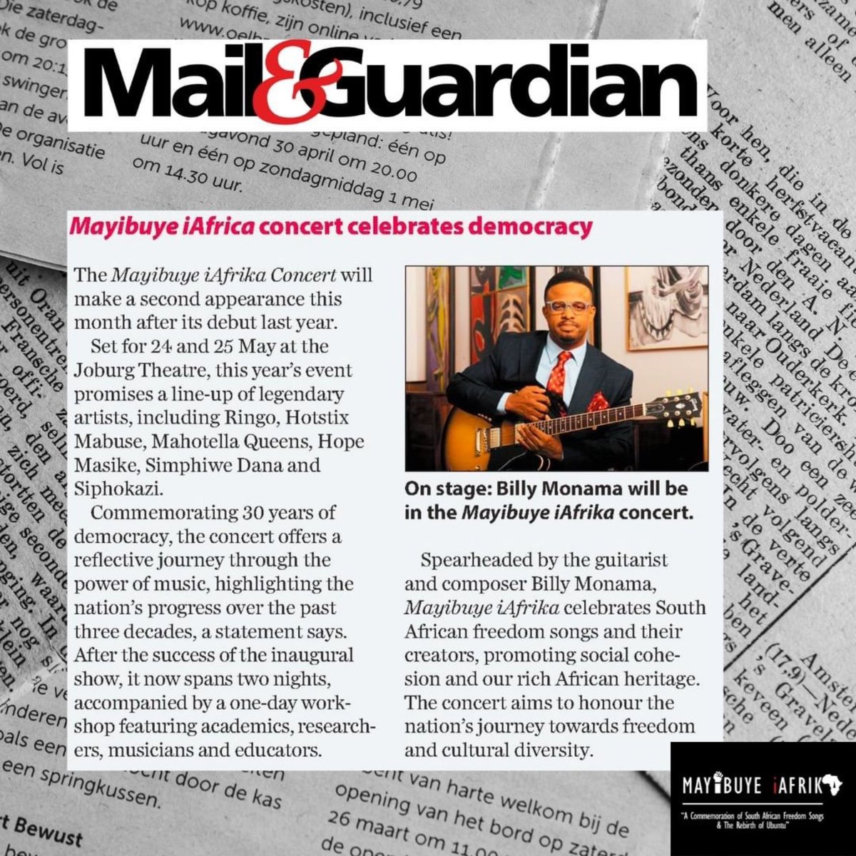 Don't miss out on the hottest music event of the year! Grab your copy of today’s @mailandguardian & get the inside scoop on the Mayibuye iAfrika Music concert. Join us as we celebrate #AfricaMonth & #30yearsOfDemocracy. 🗓️ 24 & 25 May 🎭 @joburgtheatre 🎫R250-R550 @webtickets