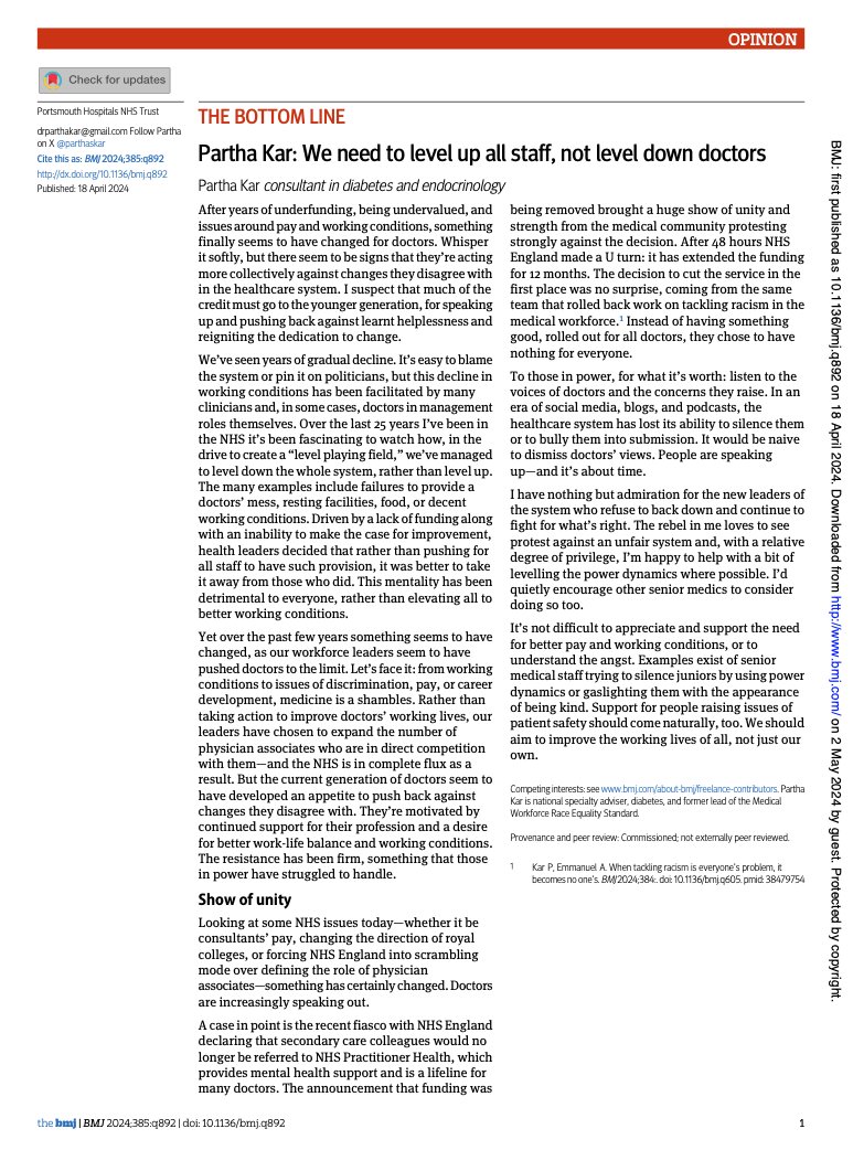 'Over the last 25 years I’ve been in the NHS? It’s been fascinating to watch how, in a drive to create a “level playing field” or hubris of 'why are doctors special'.. We’ve managed to level down the whole system, rather than level up'.. Via @bmj_latest bmj.com/content/385/bm…