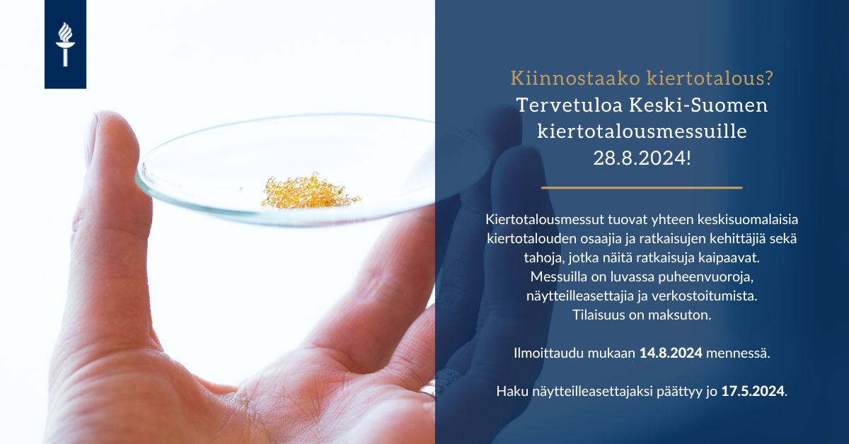 Kiertotalouden ammattilaiset kohtaavat Jyväskylässä! Messuilla on puheenvuoroja mm. uusien viljelykasvien käytöstä arvoaineiden lähteinä ja luonnonkasvien ja marjojen bioaktiivisista aineista. 👉 r.jyu.fi/Fss #CECE @keskisuomenliit @KS_kauppakamari @JKLn_kaupunki