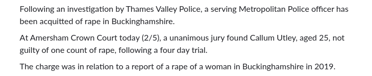 A jury in Amersham Crown Court unanimously found Callum Utley not guilty after a four day trial. Another false allegation 🤔 thamesvalley.police.uk/news/thames-va…