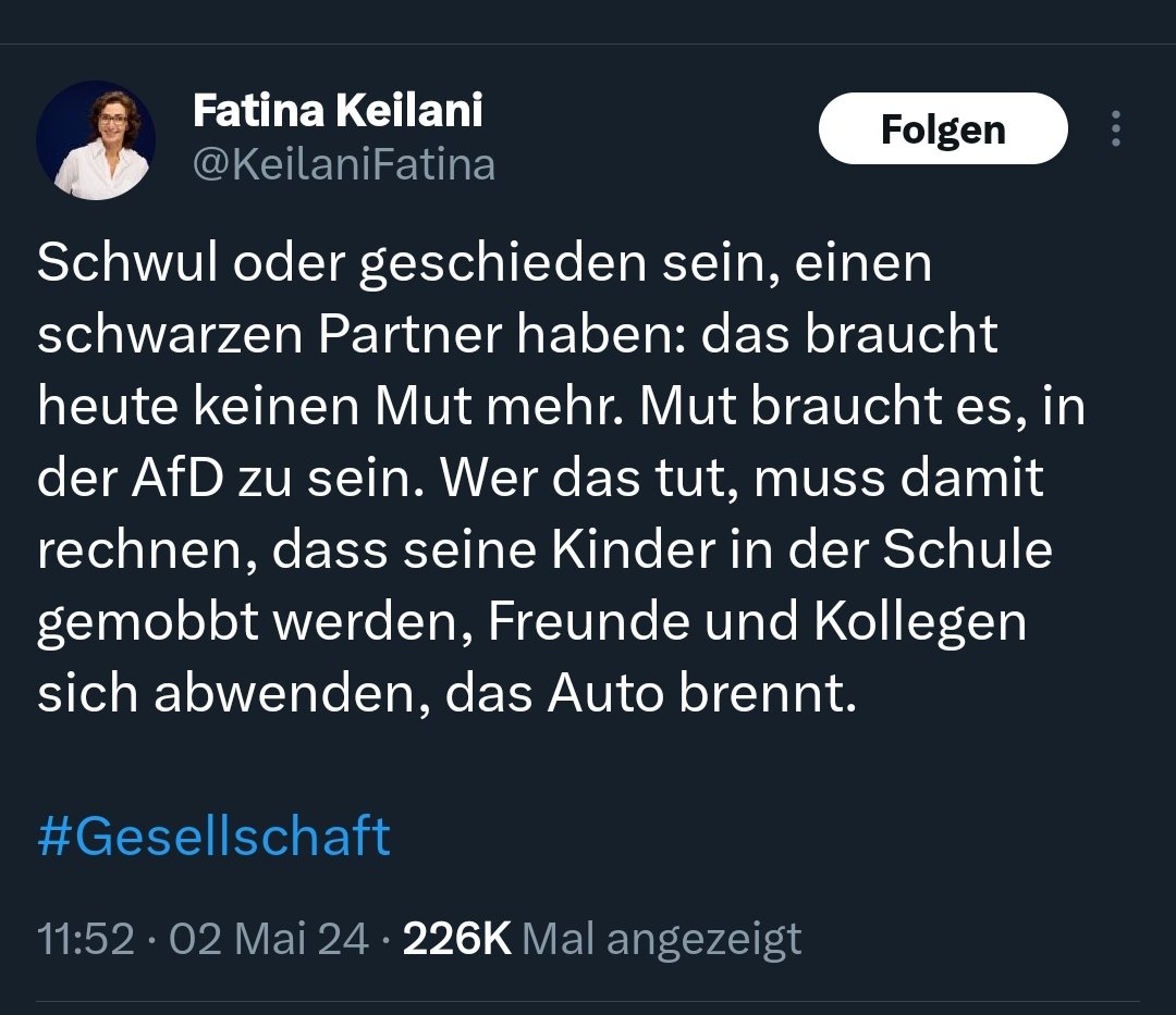 Man könnte tausend Witze machen über das, was die NZZ-Redakteurin da schreibt, aber dafür ist es zu ungeheuerlich. Sie bedient mit ihrem Tweet genau den Opfermythos, den die AfD ununterbrochen verbreitet, anknüpfend an die erfolgreiche Strategie der NSDAP in der Weimarer Zeit.