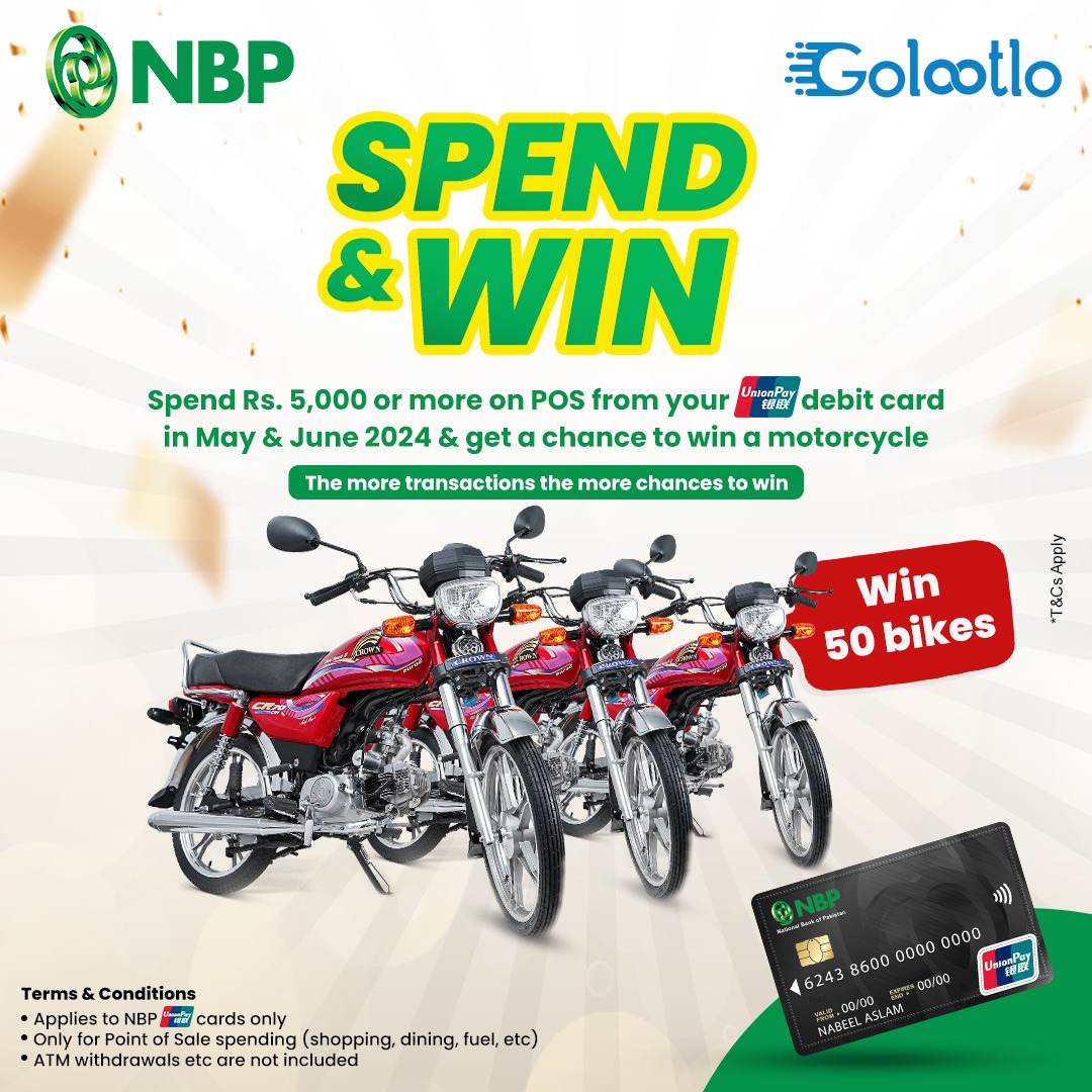 SPEND & WIN with NBP UPI Debit Card on POS during May & June 2024 to get a chance to win a motorcycle. Spend Rs. 5,000/- or more. More transactions, more chance to win a motorcycle. *Terms and Conditions Apply #NationalBankofPakistan #NBP #WinMotorcycle #UnionPay #DebitCard