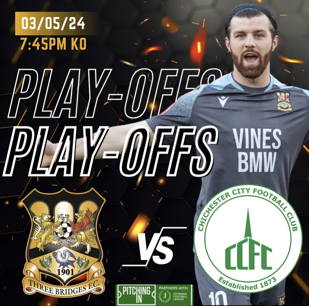 MATCHDAY ⚽ THE 2024 ISTHMIAN LEAGUE SOUTH EAST DIVISION PLAY-OFF FINAL 🏆 📅 Friday 3 May 🆚 @ChiCityFC 🏆 @IsthmianLeague 📍 Jubilee Field ⏰ 7:45pm 🎟️ Adults £10, Concessions £5, Child £3 Tickets still available online 👉🏼 threebridgesfc.ktckts.com/event/thb23240… #UpTheBridges 🧡🖤