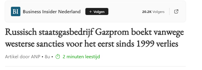 Klein signaal uit Rusland, maar veel betekenend.
Door het verlies kan Gazprom niet de Russische staatskas spekken voor de wapenindustrie.

En de sancties lijken wel degelijk effect te hebben.