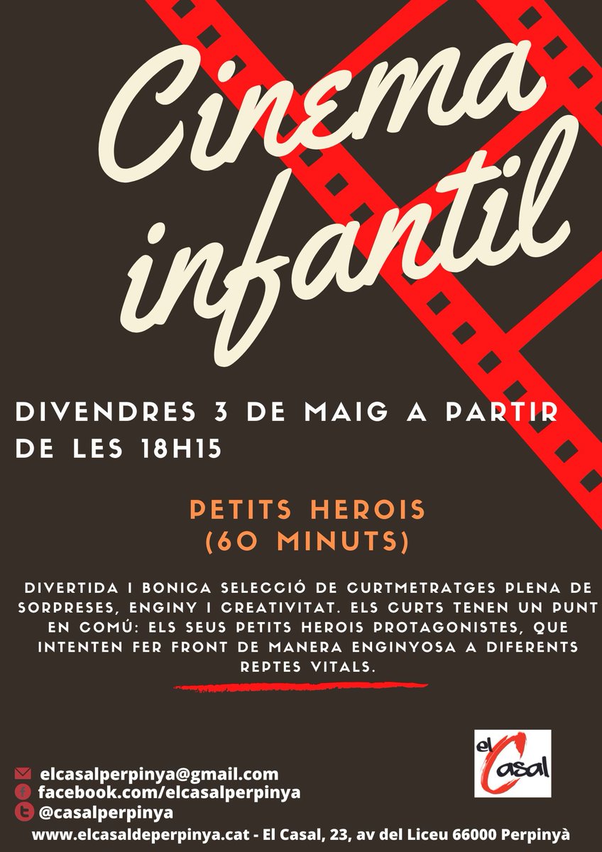 ❗️Avui, divendres, a les 18h15❗️ 📽️🎈Cinema infantil al Casal 🎥🎈 PETITS HEROIS (60min): Divertida selecció de curts plena de sorpreses. Els seus petits herois protagonistes intenten fer front de manera enginyosa a diferents reptes vitals. 📍El Casal, 23 avinguda del Liceu