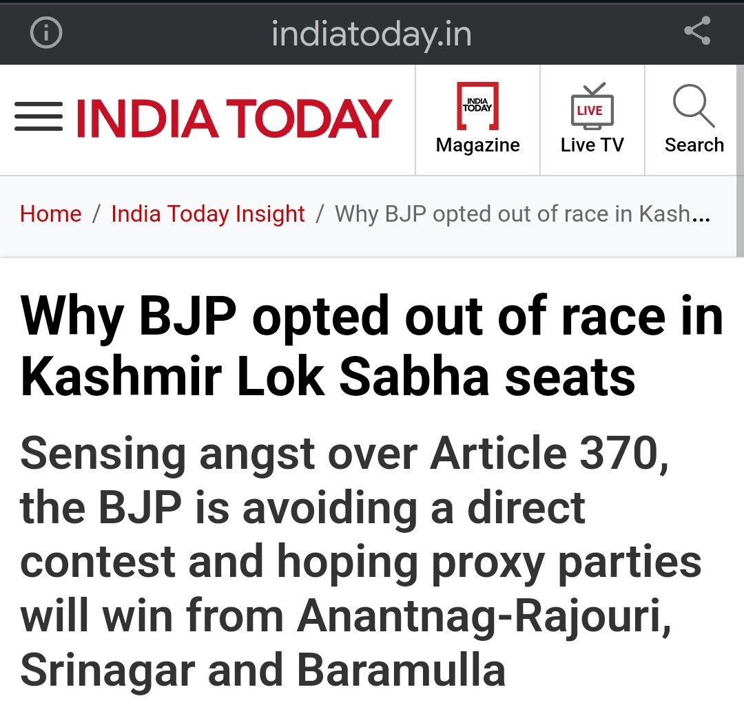 BJP-RSS is so proud of its Article 370 abrogation & downgrading Kashmir from a State into a Union Territory, that BJP does not dare to contest even a single seat in Kashmir. BJP-RSS contesting ZERO seats in Kashmir. That exposes #ModiLies. #LieLikeModi indiatoday.in/india-today-in…