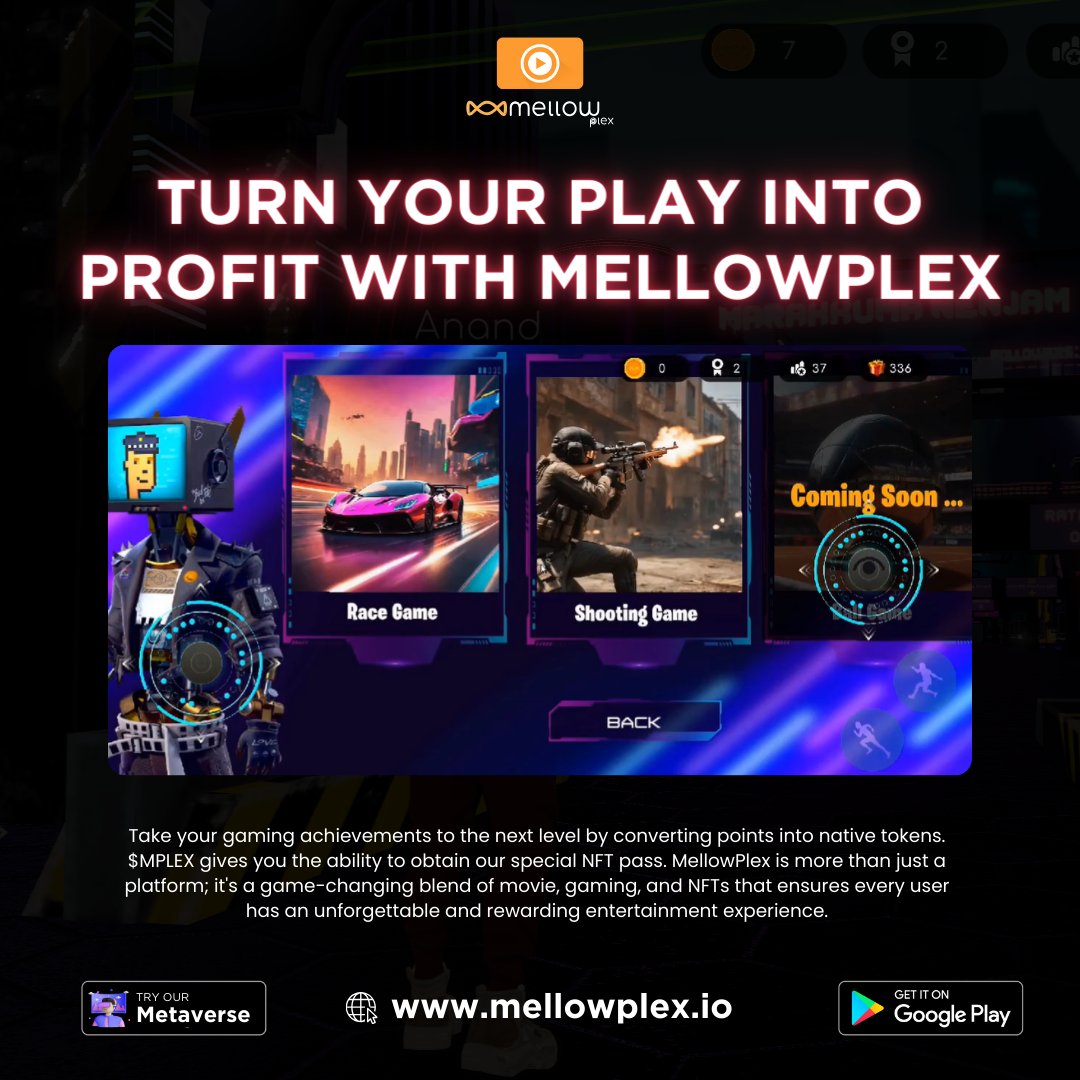 Level up your gaming with $MPLEX!

Turn your hard-earned in-game points into real rewards with $MPLEX!   

You can even use them to get a special NFT pass for MellowPlex.

Join the fun and get rewarded for playing!  

#MovieMetaverse #MellowPlex #GameFi #NFT $MPLEX #Crypto #Token