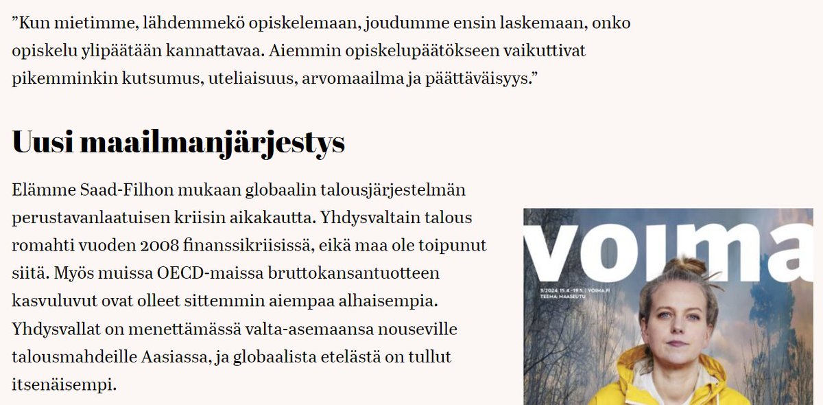 Hyvä haastattelu, tälle vahva lukusuositus:

#kapitalismi #uusliberalismi 

voima.fi/artikkeli/2024…