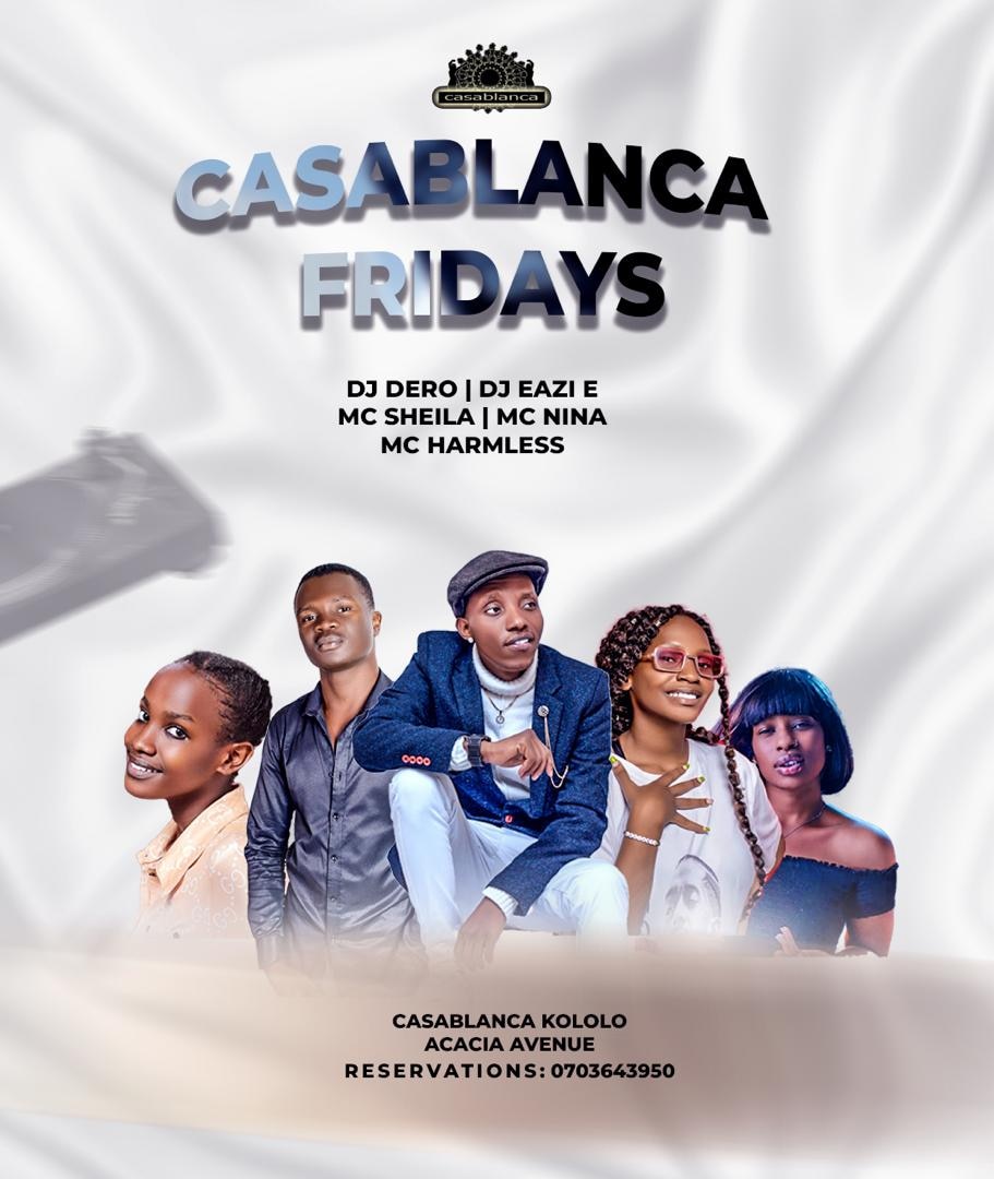 Tonight we are rolling out #CasablancaFridays with @thegangband singing you music then later @Djderobucci kicks off the rave till midday .