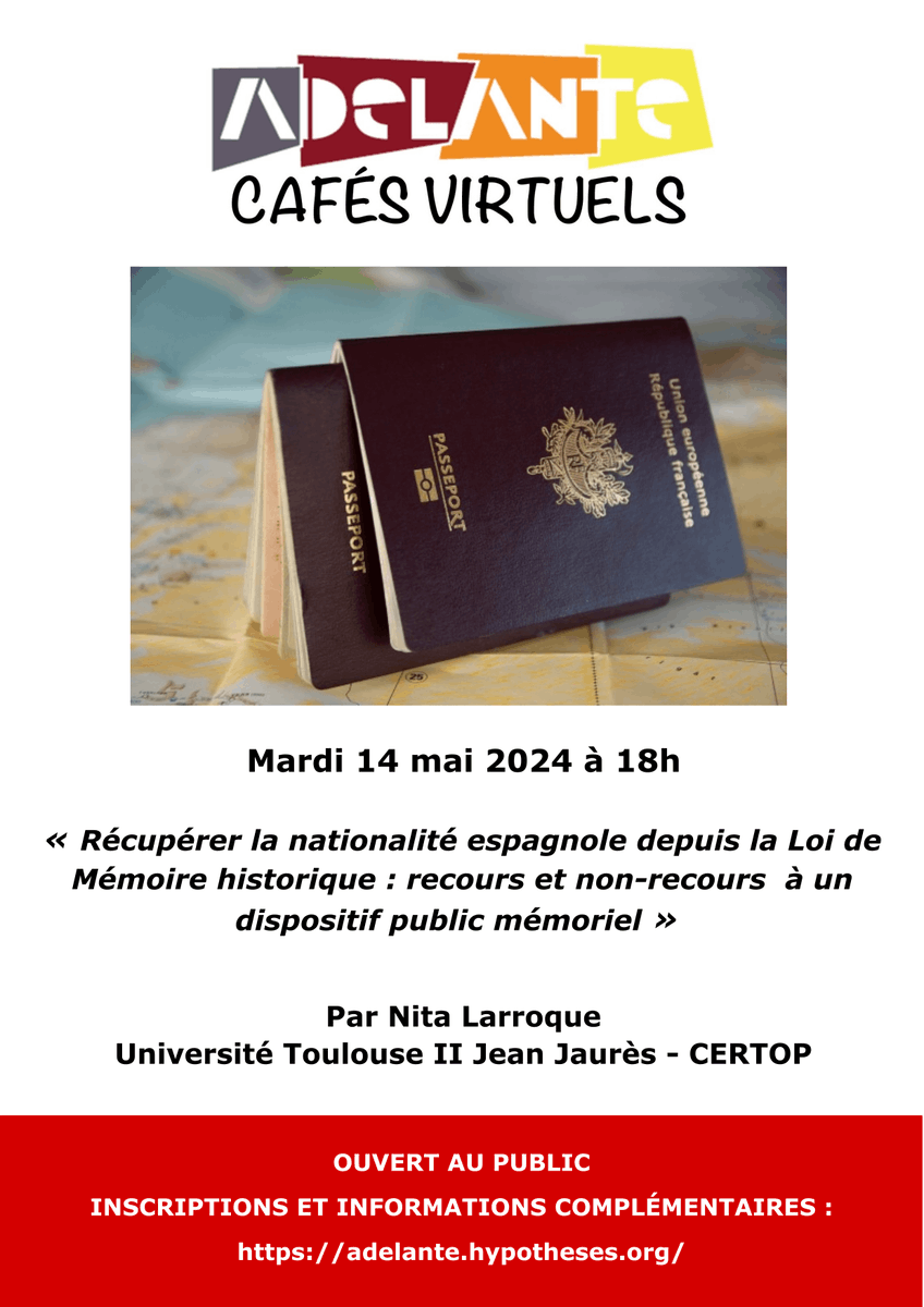 📅[Cafe] 14/05/2024, 18h
Nita Larroque (UT2J, <a href="/LCertop/">Laboratoire Certop</a>) parlera de récupération de la nationalité espagnole depuis la promulgation de la Ley de #MemoriaHistórica par le gouvernement #Zapatero en 2007
#sociologia #nacionalidad 
Plus d'info. &amp; inscriptions🔽
adelante.hypotheses.org/3148