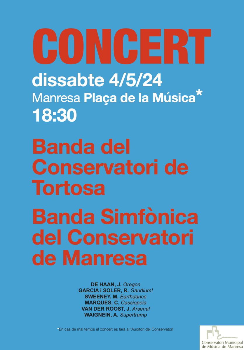 🎺🎷🥁Demà dissabte la banda del nostre conservatori viatja a Manresa per dur a terme un intercanvi i concert amb la banda simfònica del conservatori de Manresa @cmreus @CMTarragona @Dipta_cat