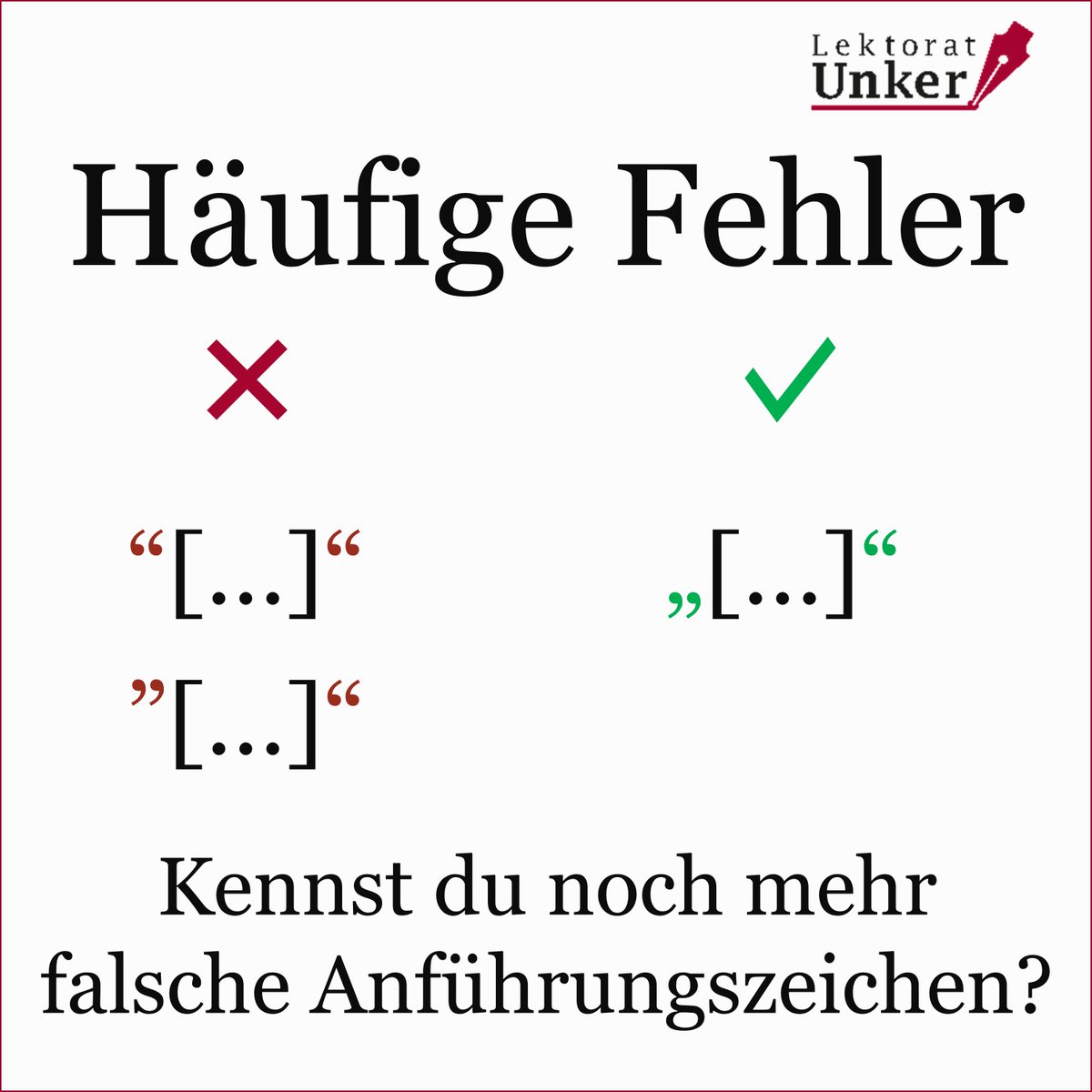 ✔️ Kennst du mehr falsche Anführungszeichen?

#anführungszeichen #guillemets #möwchen #gänsefüßchen #rechtschreibung #deutschesprache #orthografie #lektor #peinlich #germanistik #deutsch #bildung #sprache #gebildet #lektorat #ausbildung #häufigefehler #schreiben #typografie