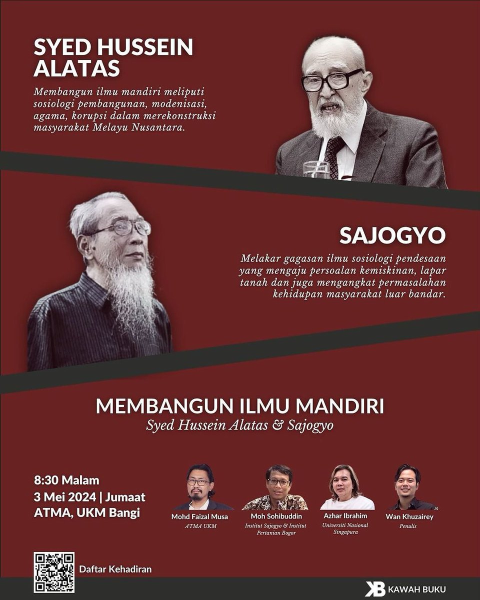 Malam ini (3/5) pukul 8.30 malam, @kawahbuku akan mengadakan diskusi publik dua pemikir besar, Sajogyo (1926-2012) dan Syed Hussein Alatas (1928-2007) yang bersumber ilmu dari Mahaguru yang sama, Prof. WF Wertheim (1907-1998). #MembangunIlmuMandiri