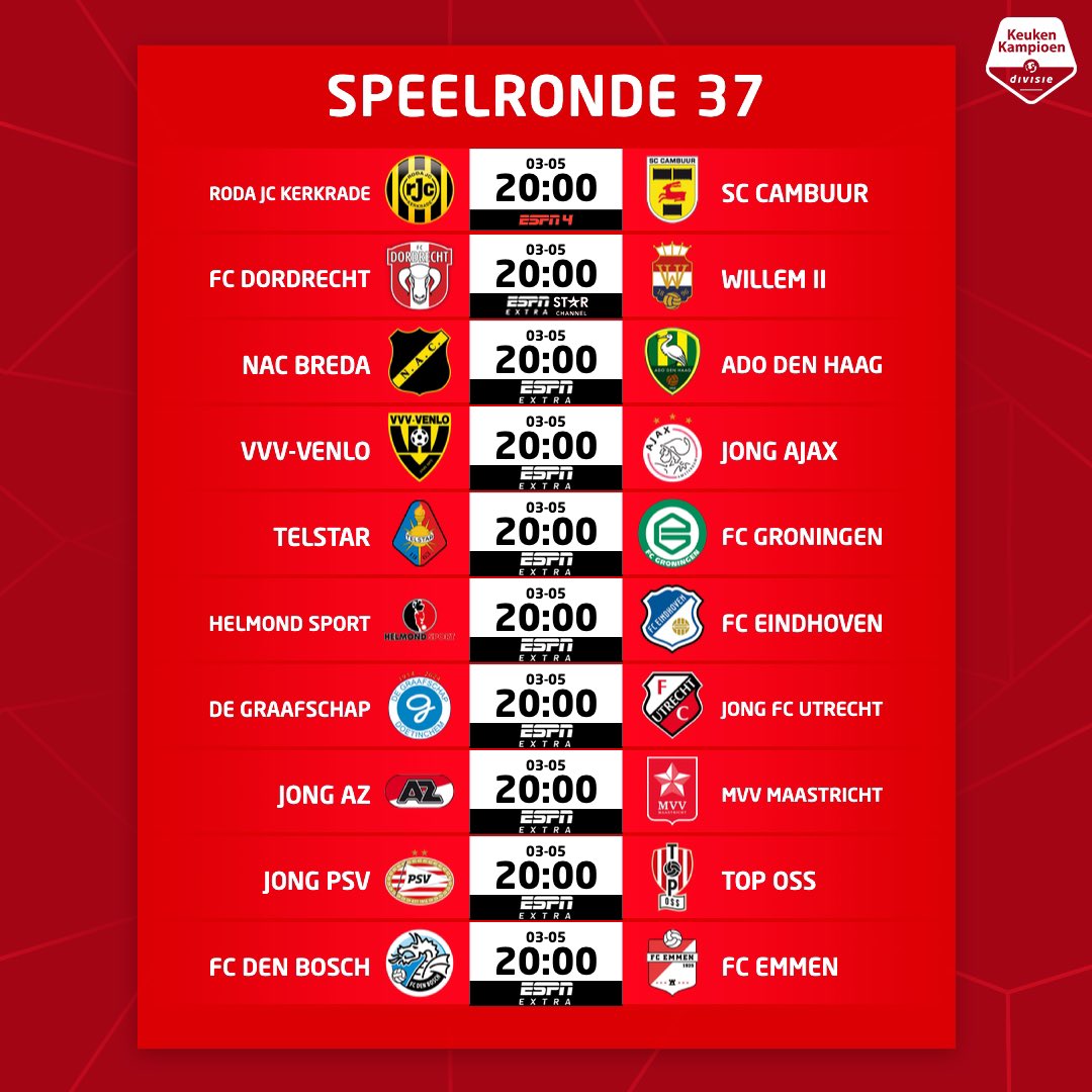 𝗦𝗽𝗲𝗲𝗹𝗿𝗼𝗻𝗱𝗲 3️⃣7️⃣ 🚨 Wie verzekert zich vanavond van promotie? Of blijft het spannend tot de laatste speelronde?🏆🤔 📲 Voor meer informatie, zie ESPN Watch #keukenkampioendivisie