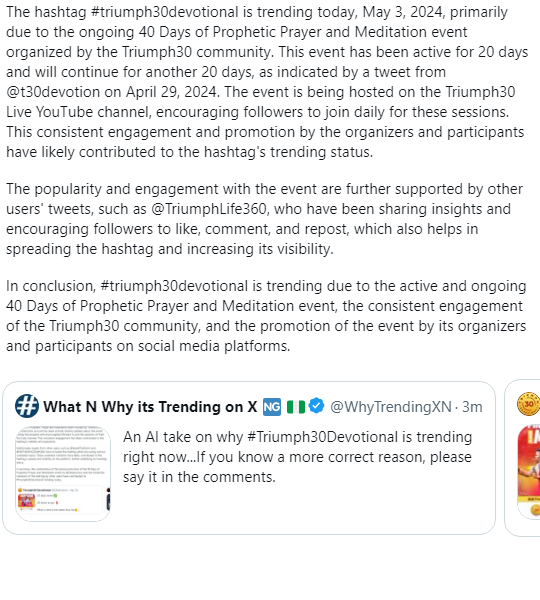 An AI take on why #triumph30devotional is trending right now...If you know a more correct reason, please say it in the comments.