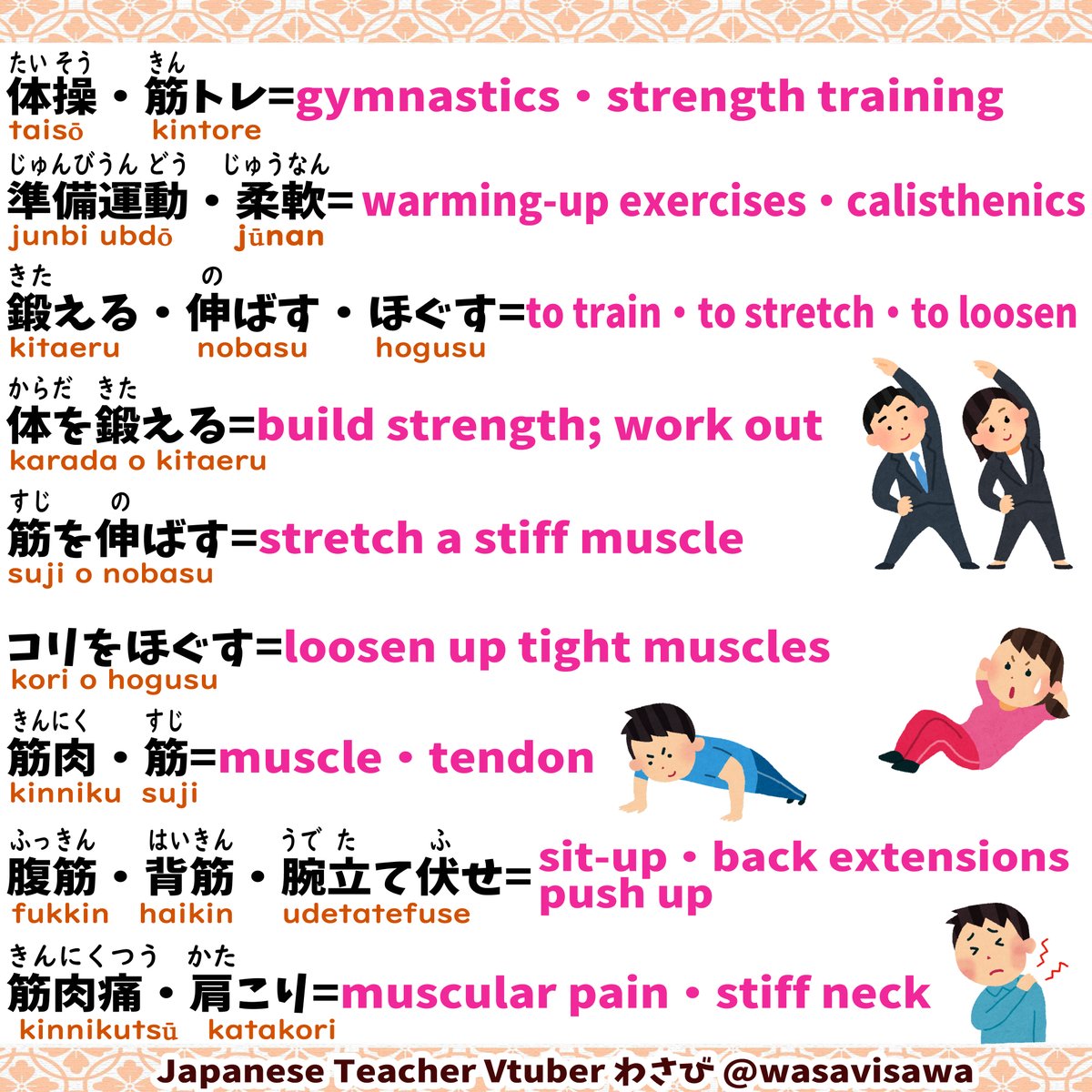 習慣/しゅうかん=habit
筋トレを習慣にしている
=I make it a habit to do muscle training
癖/くせ=habit (usu. a bad one)
足をくむ癖がある
=I have a habit of crossing my legs
ジム=gym
ジムに通って(かよって)いる
=be commuting to the gym (as habit)
#langtwt #japanese #日本語 #にほんご