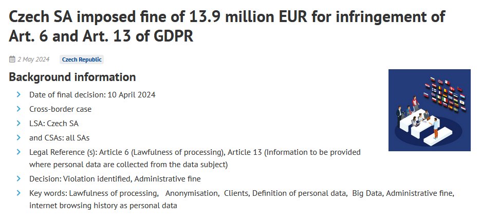 🇨🇿 Wegen fehlender Rechtsgrundlagen und unzureichender Datenschutzinformationen hat die tschechische Datenschutzaufsichtsbehörde ein Bußgeld in Höhe von 13,9 Millionen Euro gegen ein Unternehmen verhängt. - edpb.europa.eu/news/news/2024…