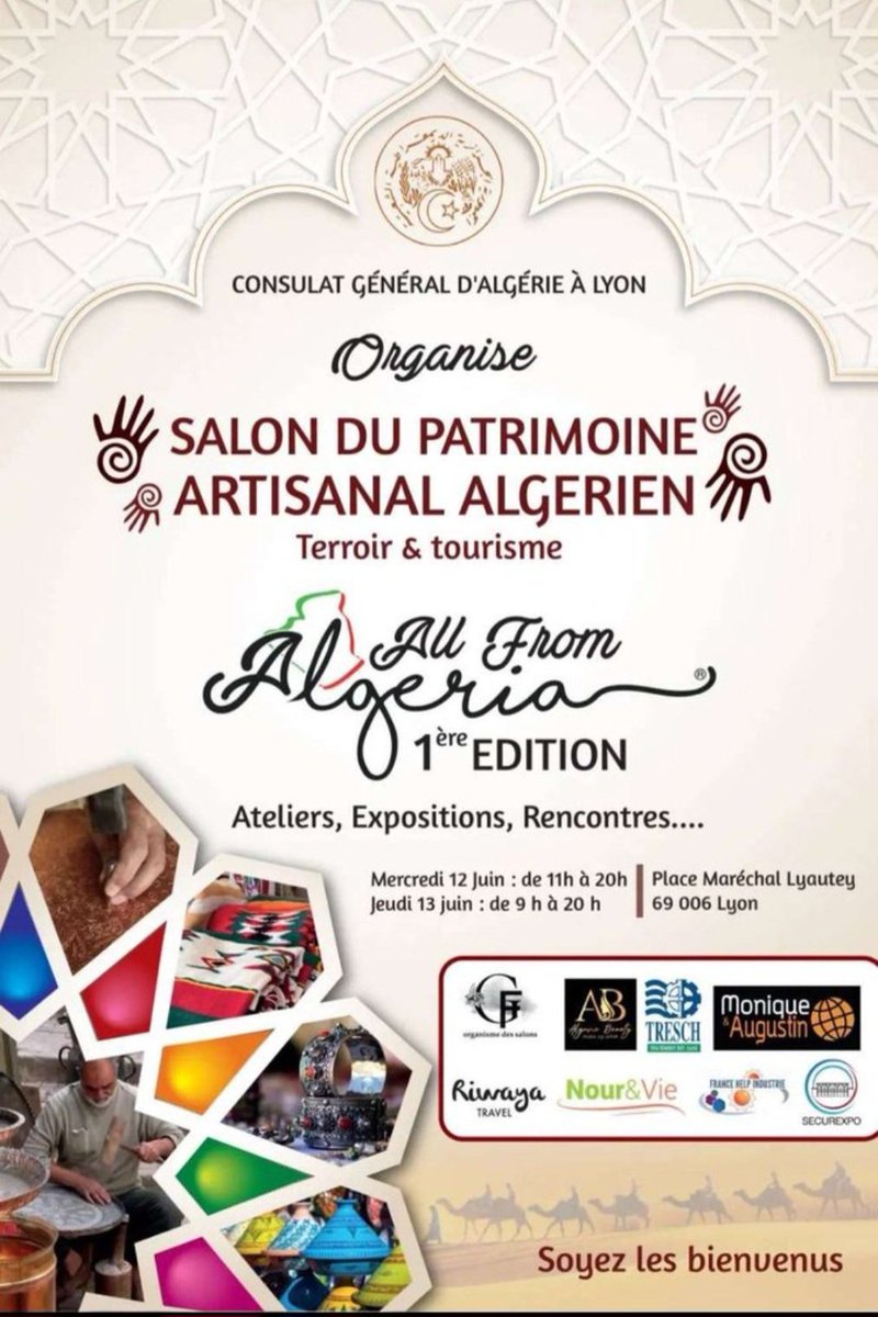 Merci aux morroco de Lyon,de contacter le consulat algerien et de leur demander de cesser d'usurper notre patrimoine au vu des photos sur l'affiche de leur salon,il ya des lois en France et j'appelle toutes associations marocaines en France à ne pas hésitez à attaquer en justice.