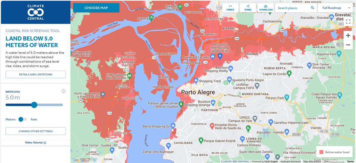Pesquisando, encontrei esse mapa interativo da @ClimateCentral que projeta a elevação dos níveis dos oceanos com base em conjunto de dados científicos (embora bastante imprecisos para a nossa realidade). Simulei se o Guaíba atingisse os 5m em Porto Alegre e arredores e... uau!