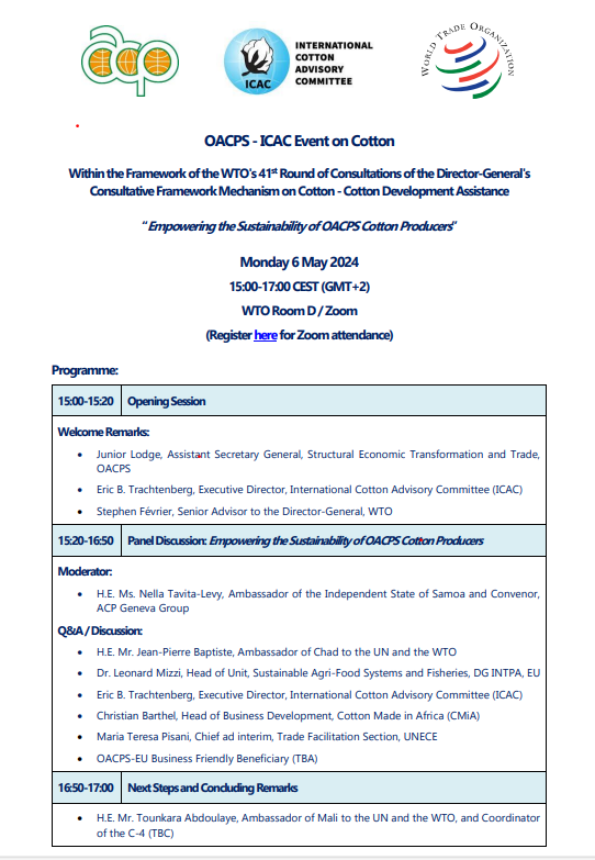 📣Join us for this event, which will kick off the #WTOCotton week, for an extensive discussion on cotton. 'Empowering Sustainability for OACPS Cotton Producers'. @PressACP @ICAC_cotton ⏲️15:00-17:00 CET, Monday, 6 May. Register now: shorturl.at/avNR0