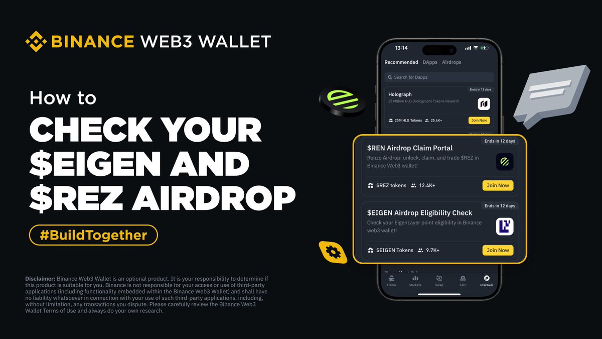 BinanceWallet's tweet photo. Calling all @eigencloud and @renzoai fans! 

You can now check on the eligibility of your participation in the $REZ or $EIGEN airdrops within the #BinanceWeb3Wallet.  

More in the thread below 🧵 https://t.co/CieHhsVWI3