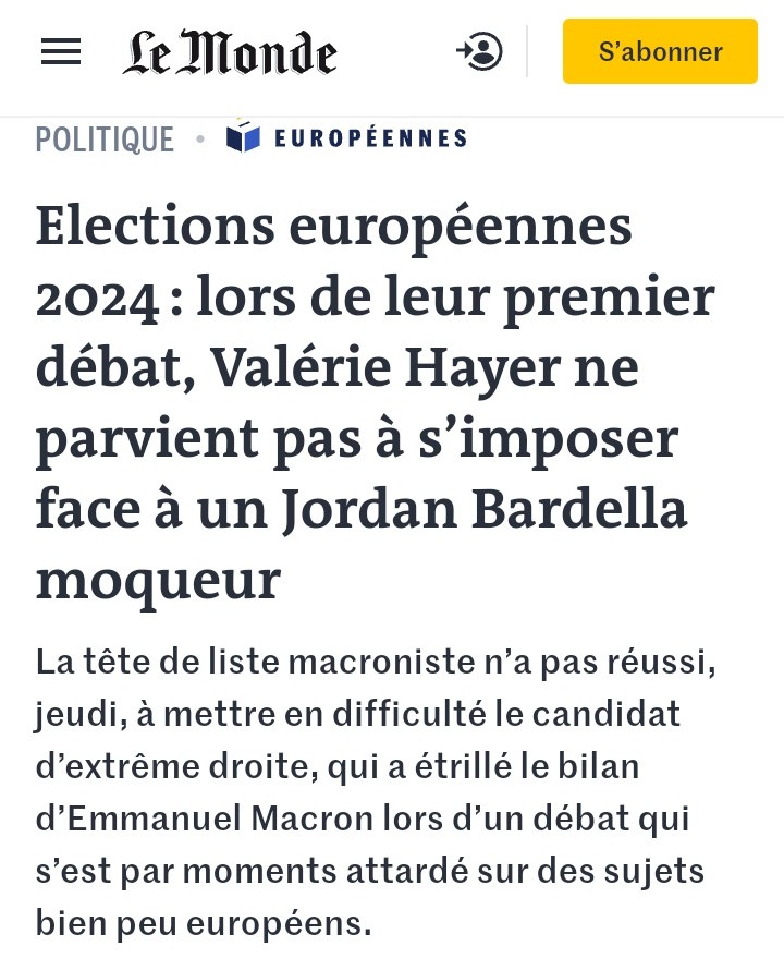 #DebatBFM 
Incroyable ! Le Monde, pseudo-journal des bien-pensants, en est à reconnaître la supériorité de Bardella face à Hayer, lors du débat sur BFM 😉...
Pour publier un tel titre, elle a dû vraiment se faire laminer...