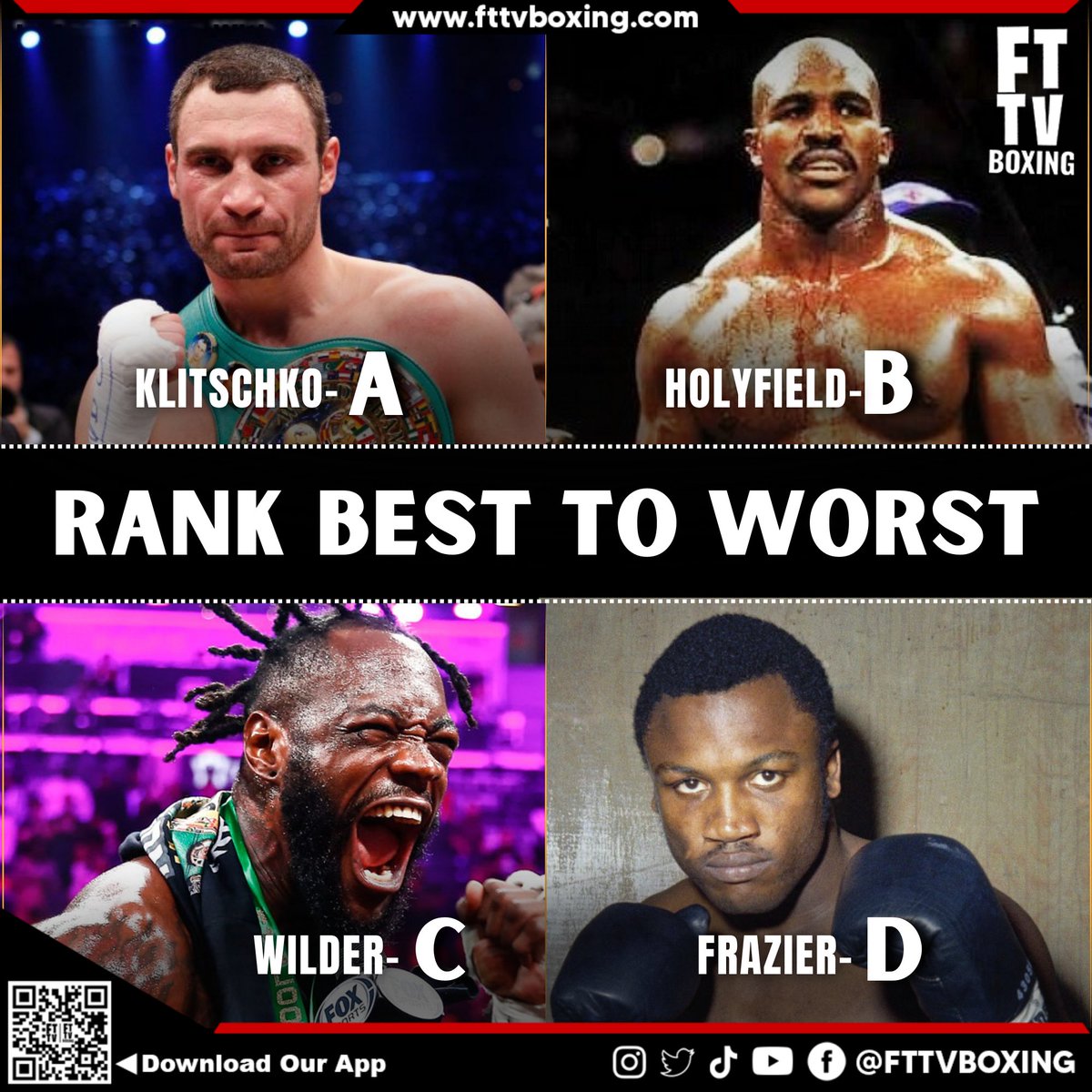 Rank Best to Worst! 👀

#VitaliKlitschko #evanderholyfield #deontaywilder #JoeFrazier #heavyweights #boxing #boxingfans #fightfans #heavyweight #Sports #boxinghype